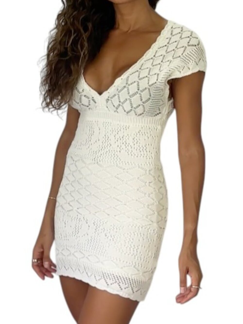 Guess White Open Knit Dress Cotton Blend Crochet Style Size XS